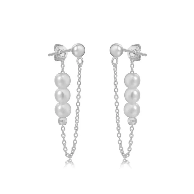 עגילים צמודים כסף עם שרשרת ופנינים, תכשיטי כסף בסיטונאות לעסקים.