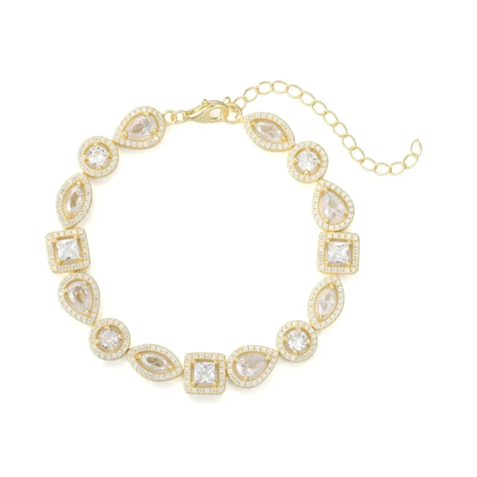 צמיד זהב מעוצב עם אבני חן נוצצות, מתאים לסיטונאות תכשיטים ולקולקציות יוקרתיות.