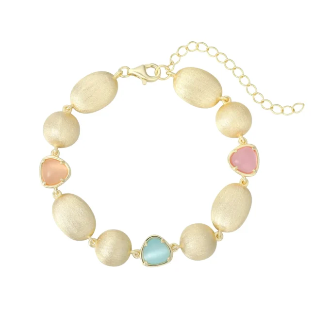 צמיד זהב עם חרוזי צבעים ורודים וכחולים, מושלם לתכשיטים בסיטונאות.